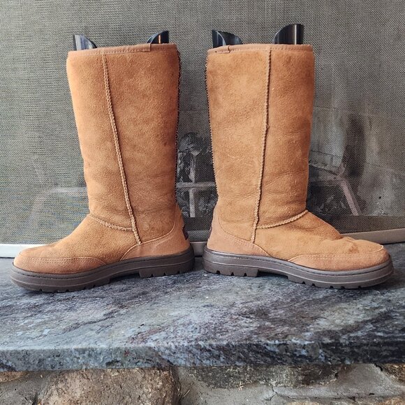 UGG Brown Suede Leather Ultra Tall Braided Back Boots Size 8 - Picture 8 of 16